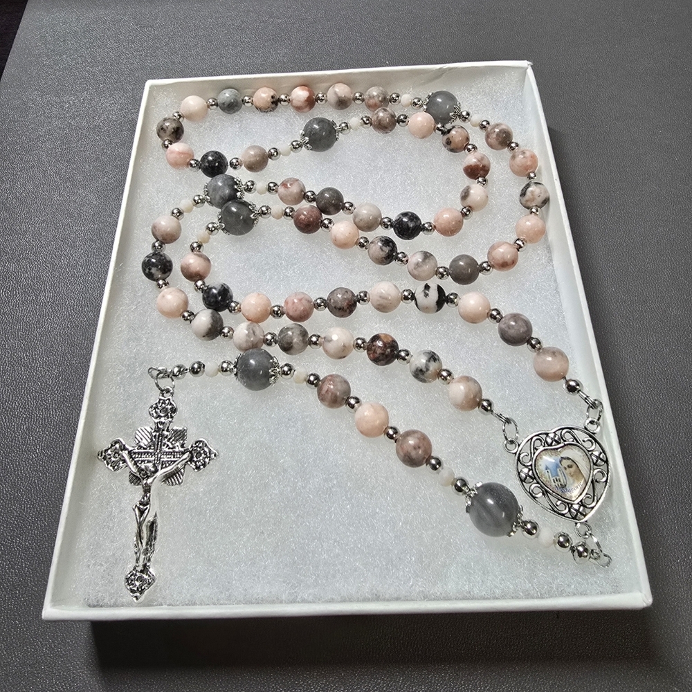 Large One Of A Kind Hand Crafted Rosary Made With Pink Zebra Jasper And Quartz